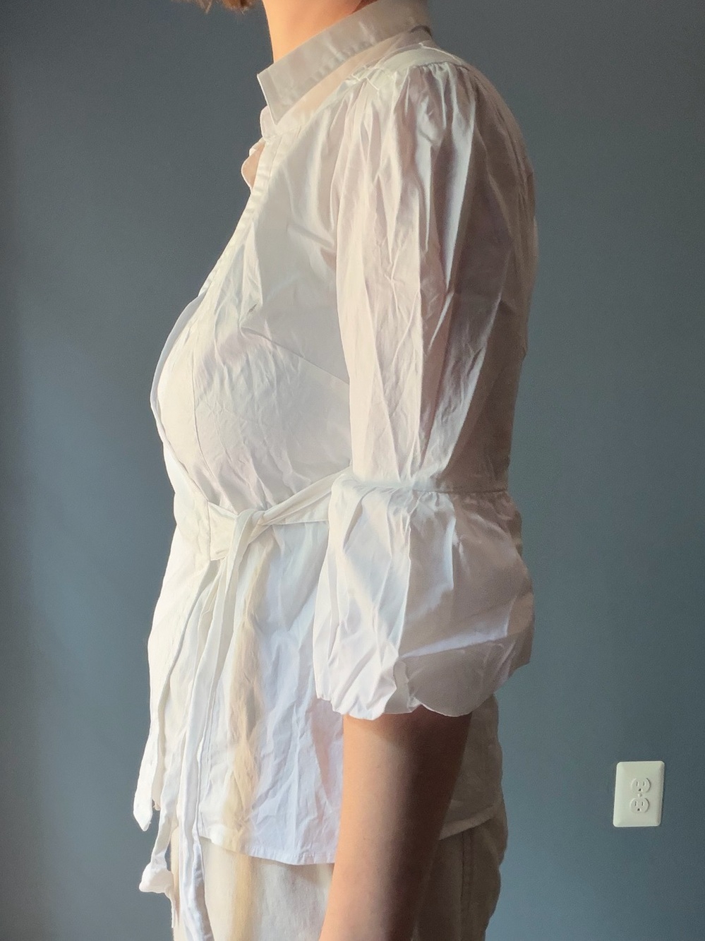 White Tie-Waist Puff Sleeve Blouse